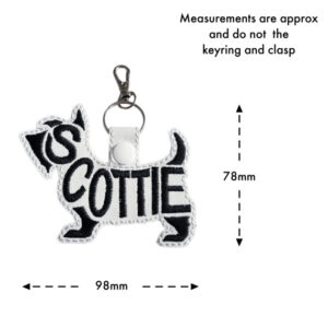 Embroidered Scottie word art keyring in white faux leather, featuring stitched dog silhouette design with approximate size of 98mm wide and 78mm high (excluding keyring and clasp)