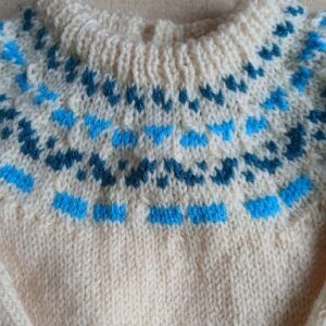 Hand knitted child’s jumper. Wool. Approx 1 to 2 yrs. All proceeds to The Stroke Association