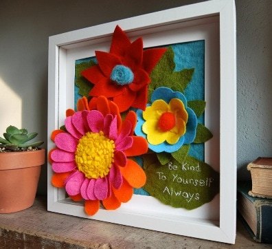 'Be kind to yourself, always.' Three dimensional felt flower arrangement in a frame. All proceeds to The Stroke Association. - Image 3