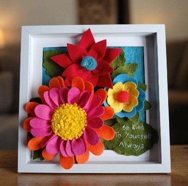 'Be kind to yourself, always.' Three dimensional felt flower arrangement in a frame. All proceeds to The Stroke Association. - Image 5