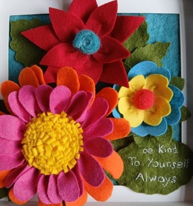 'Be kind to yourself, always.' Three dimensional felt flower arrangement in a frame. All proceeds to The Stroke Association. - Image 4