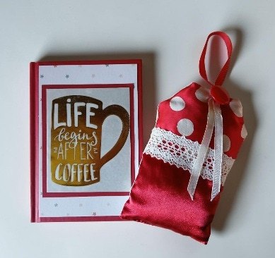 'Life Begins After Coffee.' Notebook and silk lavender sachet. All proceeds to The Stroke Association.