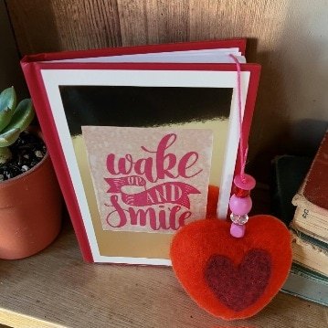 'Wake up and Smile.' Notebook and felted heart. All proceeds to The Stroke Association.