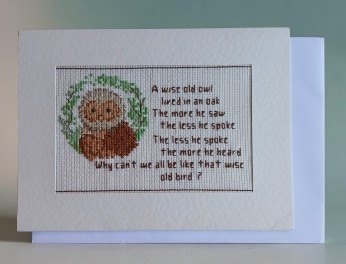 Greetings card. Cross stitched wise owl. All proceeds to The Stroke Association