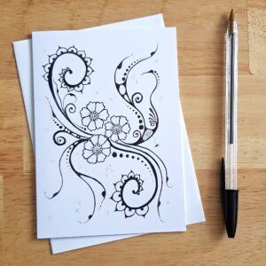 Swirls and Flowers Doodle Card - Hand Drawn Black and White Art Greetings Card for Any Occasion