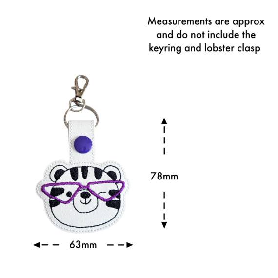 Tiger face keyring with glasses size guide, showing approximate measurements of 78mm high by 63mm wide.