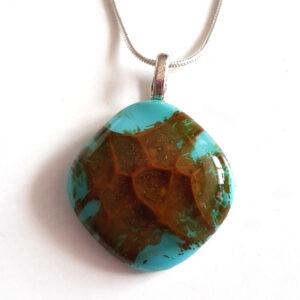 Turquoise And Ochre Fused Glass Pendant Necklace - Handmade & Unique