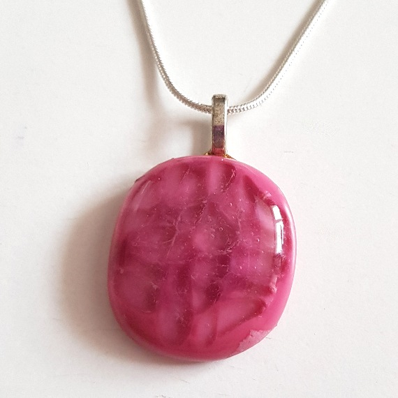 Unique One-of-a-Kind Handmade Pink Fused Glass Pendant Necklace - Raspberry Ripple Finish
