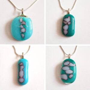 Unique One-of-a-Kind Handmade Turquoise Fused Glass Pendant Necklace - Abstract Bubble Pattern