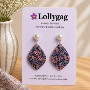 Bloomsbury Drop Walled Garden Navy Floral Statement Earrings with Pearl Studs Handmade Polymer Clay Jewellery UK