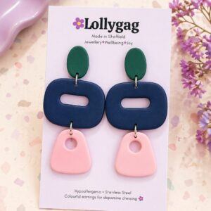 Ration Book Polymer Clay Earrings – 1940s Inspired Green, Navy & Blush Statement Earrings UK