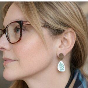 PetalLeaf Green Botanical Earrings – Polymer Clay and Walnut Wood Handmade in Sheffield by Lollygag Jewellery