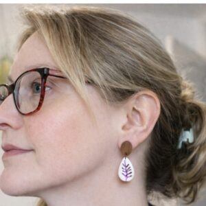 PetalFern Purple Botanical Earrings – Polymer Clay and Walnut Wood Handmade in Sheffield by Lollygag Jewellery