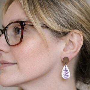 PetalBranch Purple Botanical Earrings – Polymer Clay and Walnut Wood Handmade in Sheffield by Lollygag Jewellery