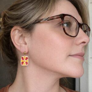 Sunray Tile Polymer Clay Earrings – Red & Yellow Floral Handmade Tile Earrings UK