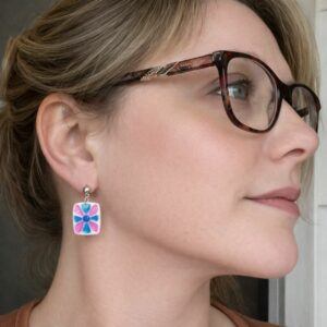 Petal Tile Polymer Clay Earrings – Pink Floral & Cobalt Blue Handmade Tile Earrings UK
