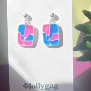 Cool Bloom Tile Polymer Clay Earrings – Fuchsia & Sky Blue Handmade Abstract Tile Earrings UK