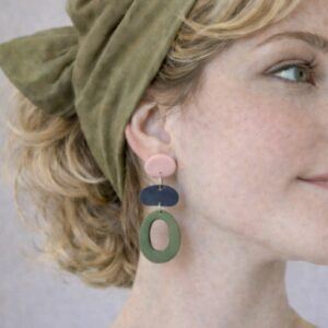 Home Front Polymer Clay Earrings – 1940s Inspired Navy, Blush & Green Statement Earrings UK