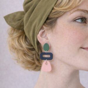 Ration Book Polymer Clay Earrings – 1940s Inspired Green, Navy & Blush Statement Earrings UK