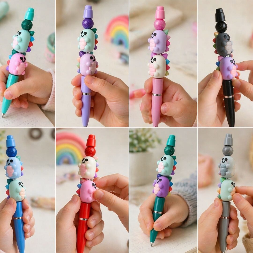 Handmade Dino Fidget Pen – Colourful Polymer Clay Bead Pen – Lightweight Sensory Pen UK – Student Focus Tool - Image 3