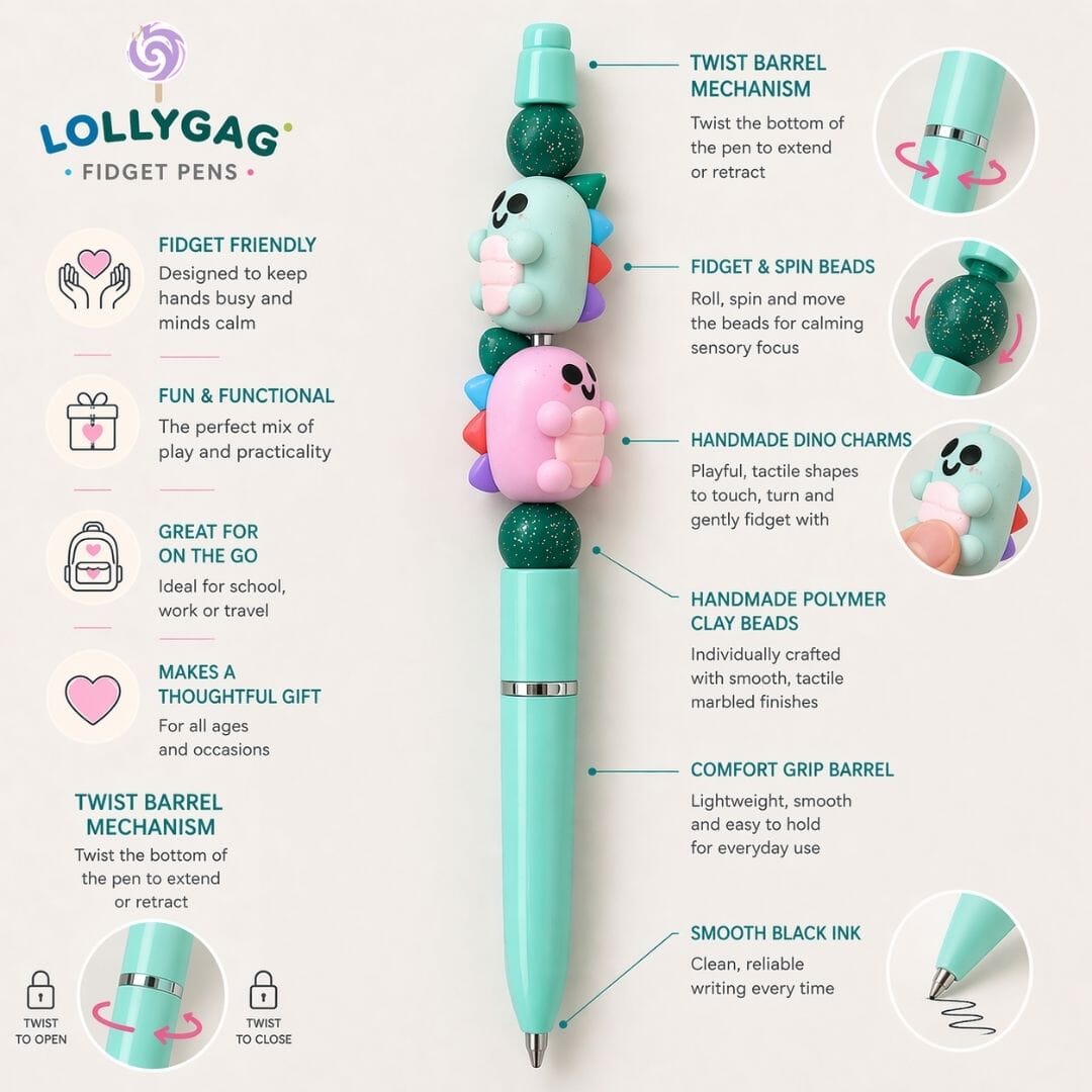 Handmade Dino Fidget Pen – Colourful Polymer Clay Bead Pen – Lightweight Sensory Pen UK – Student Focus Tool - Image 2
