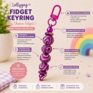 Handmade Fidget Keyring – Bag Charm Fidget with Polymer Clay Beads – Colourful Sensory Keyring UK – Lightweight Everyday Carry