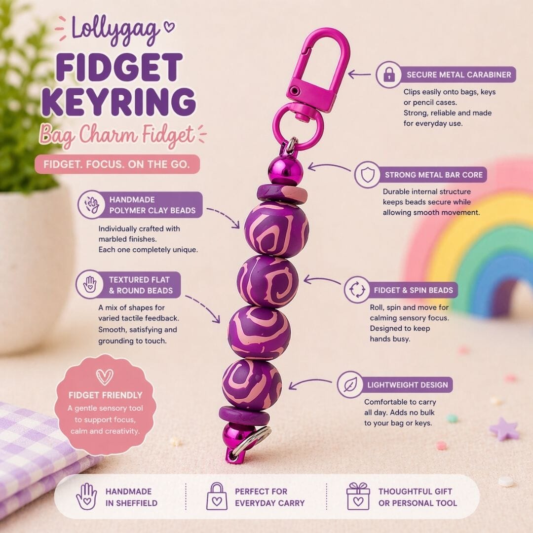 Handmade Fidget Keyring – Bag Charm Fidget with Polymer Clay Beads – Colourful Sensory Keyring UK – Lightweight Everyday Carry - Image 2