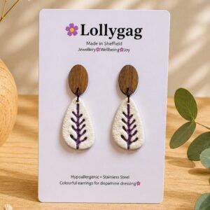 PetalFern Purple Botanical Earrings – Polymer Clay and Walnut Wood Handmade in Sheffield by Lollygag Jewellery