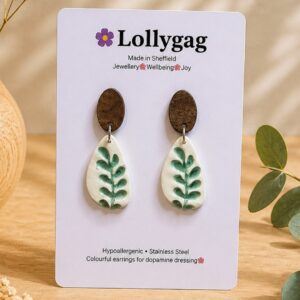 PetalLeaf Green Botanical Earrings – Polymer Clay and Walnut Wood Handmade in Sheffield by Lollygag Jewellery