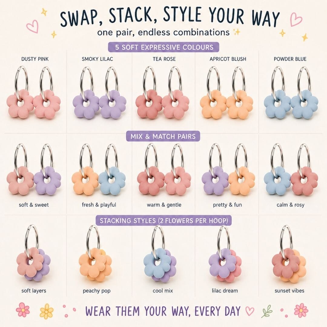 Soft Expressive Flower Hoop Earrings – Interchangeable Charm Set, Gold & Silver Hoops, Pastel Earrings UK, Lightweight Handmade Jewellery - Image 2