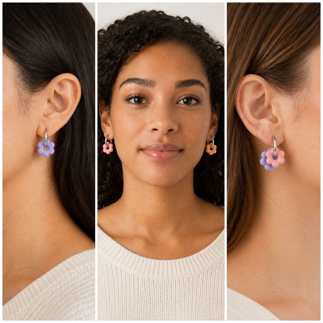 Soft Expressive Flower Hoop Earrings – Interchangeable Charm Set, Gold & Silver Hoops, Pastel Earrings UK, Lightweight Handmade Jewellery - Image 3