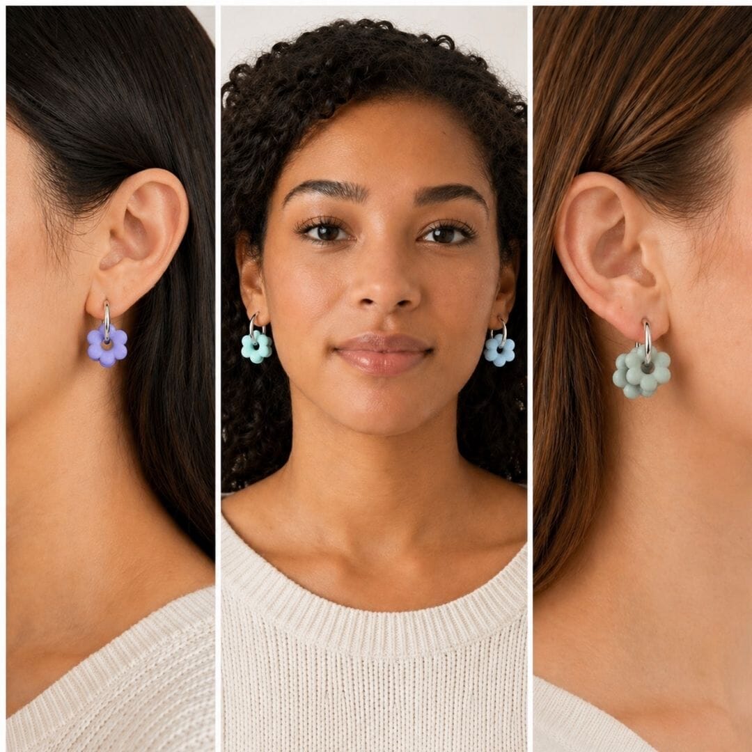 Cool Balance Flower Hoop Earrings – Interchangeable Charm Set, Gold & Silver Hoops, Blue Tone Earrings UK, Lightweight Handmade Jewellery - Image 3