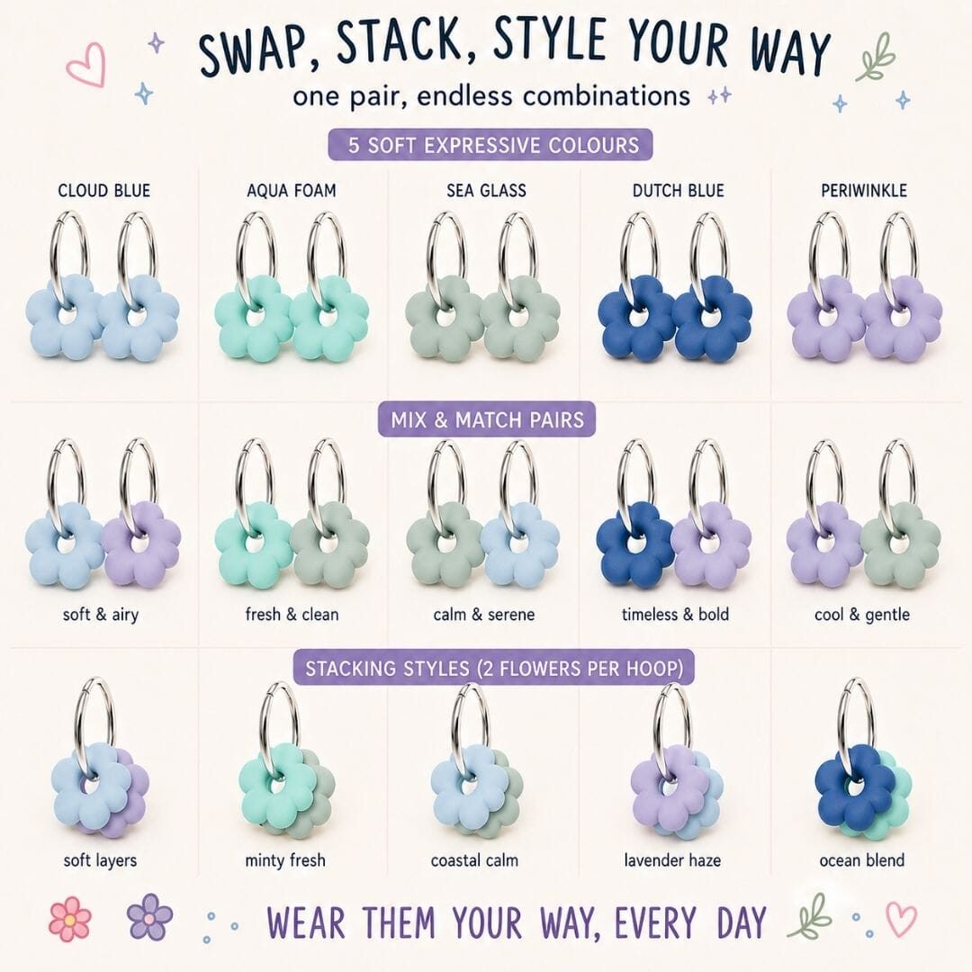 Cool Balance Flower Hoop Earrings – Interchangeable Charm Set, Gold & Silver Hoops, Blue Tone Earrings UK, Lightweight Handmade Jewellery - Image 2