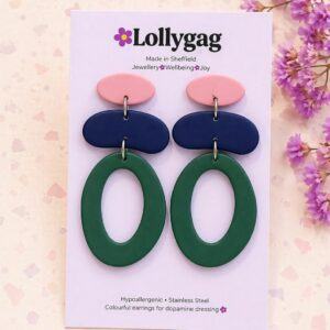 Home Front Polymer Clay Earrings – 1940s Inspired Navy, Blush & Green Statement Earrings UK