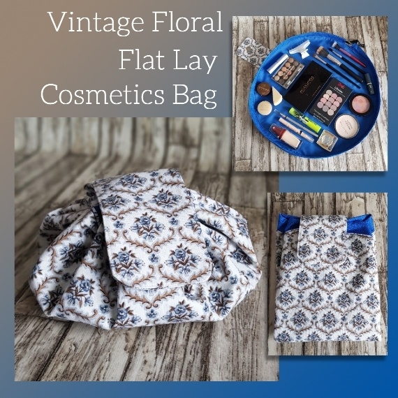 Vintage Floral Flat Lay Drawstring Makeup Bag - Eco-Friendly Cosmetic Organiser Made from Repurposed Fabric