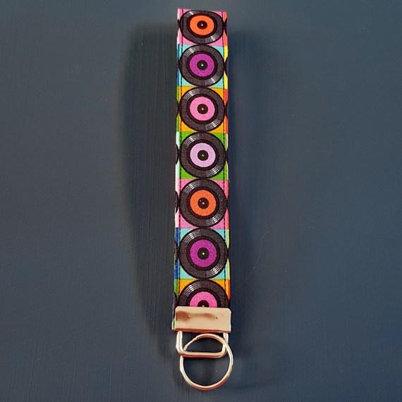 Vinyl Records Print Wristlet Keyfob - Retro Music Lover Handmade Keyring Strap