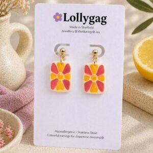 Sunray Tile Polymer Clay Earrings – Red & Yellow Floral Handmade Tile Earrings UK