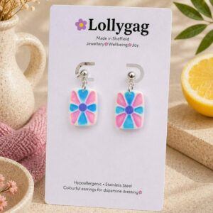 Petal Tile Polymer Clay Earrings – Pink Floral & Cobalt Blue Handmade Tile Earrings UK