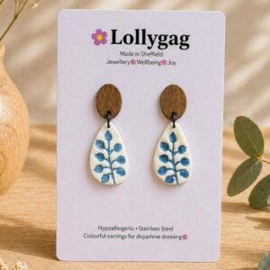 PetalLeaf Blue Botanical Earrings – Polymer Clay and Walnut Wood Handmade in Sheffield by Lollygag Jewellery