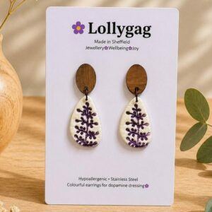 PetalBranch Purple Botanical Earrings – Polymer Clay and Walnut Wood Handmade in Sheffield by Lollygag Jewellery