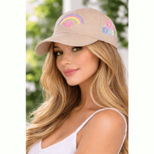 Ladies Beige Baseball Cap with hand embroidered flowers and rainbow