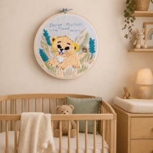 Personalised New Baby Embroidery Hoop Art with Cute Lion Cub