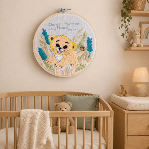Personalised New Baby Embroidery Hoop Art with Cute Lion Cub - Image 2