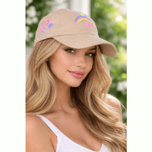 Ladies Beige Baseball Cap with hand embroidered flowers and rainbow