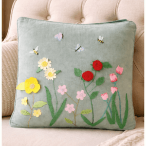 Hand embroidered and appliqued Sage Green Cushion Cover with flowers, leaves, butterflies and bees, 45 cm