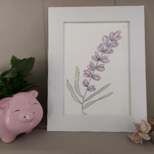 Framed mixed media floral illustration with patterned petals