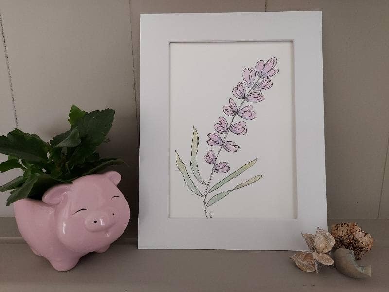 Framed mixed media floral illustration with patterned petals