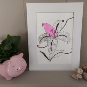 Framed mixed media floral illustration with patterned petals