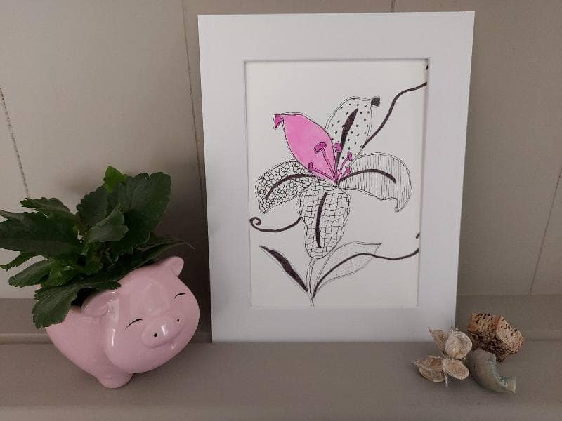 Framed mixed media floral illustration with patterned petals