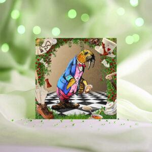 walrus card on green bokeh background